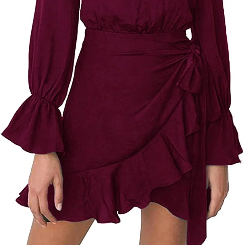 2/$40 VDAY Women wine red ruffle front wrap dress long sleeve burgundy medium - Picture 2 of 11